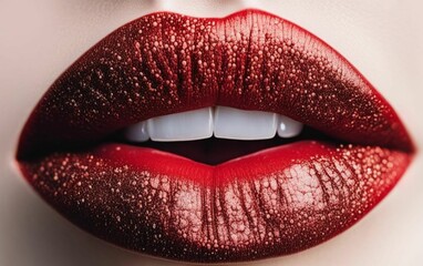 Obraz premium Red lips isolated on a plain background, luxury glamor art, mouth cut, red lips. Red makeup. Colorful sexy lips, red art. High fashion glamor and beauty trend