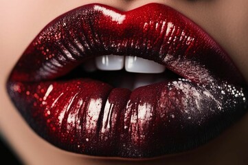 Obraz premium Red lips isolated on a plain background, luxury glamor art, mouth cut, red lips. Red makeup. Colorful sexy lips, red art. High fashion glamor and beauty trend