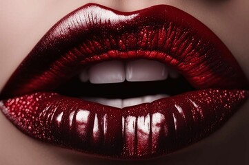 Obraz premium Red lips isolated on a plain background, luxury glamor art, mouth cut, red lips. Red makeup. Colorful sexy lips, red art. High fashion glamor and beauty trend
