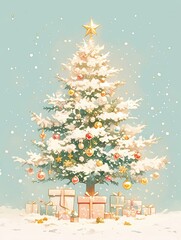 Fototapeta premium Christmas Charm: A Tree Covered in Snow and Decked with Candles and Red Balls, Stunning Scene on a Light Background