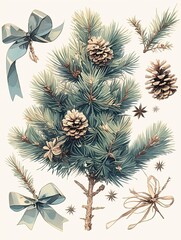 Naklejka premium Winter Wonderland: Decorative Christmas Elements Featuring Spruce and Pine Branches, Cones, Bows, and Balls