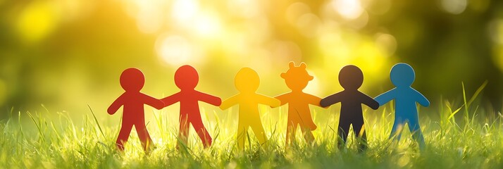 Six colorful paper dolls stand in a row holding hands in a field of green grass with a bright sunny bokeh background.
