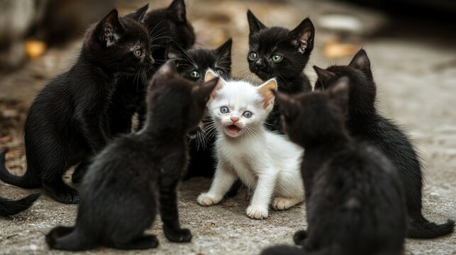 A white kitten in the center of a circle of black kittens. The concept of discrimination, race, loneliness, isolation, contradiction and exclusion in a minimalist style.