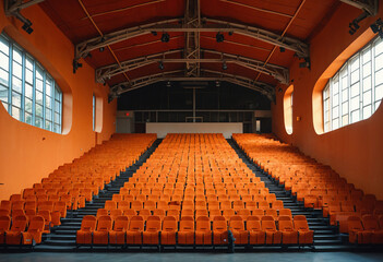 Empty Auditorium with Orange Seats and a Stage