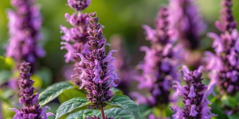 Obraz premium Close up view of purple basil flowers emphasizing the intricate details and vibrant hues against a blurred background