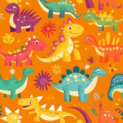 93. **Generate a seamless pattern of playful, cartoonish dinosaurs in bright, cheerful colors.**