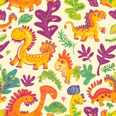 93. **Generate a seamless pattern of playful, cartoonish dinosaurs in bright, cheerful colors.**