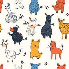 66. **Generate a seamless pattern of playful, hand-drawn animals in a whimsical, bright design.**