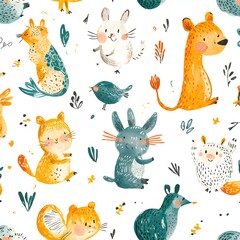 66. **Generate a seamless pattern of playful, hand-drawn animals in a whimsical, bright design.**