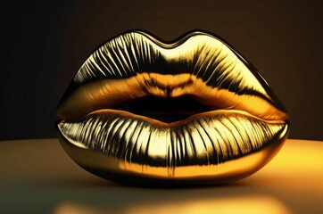 Golden lips isolated on black background luxury glamour art mouth clipping path gild lips. Golden make up. Colorful sexy lips, golden art. High fashion glamour and beauty trend