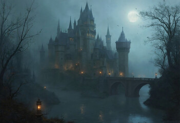 Fototapeta premium Stone Castle with Bridge and Full Moon in Foggy Forest