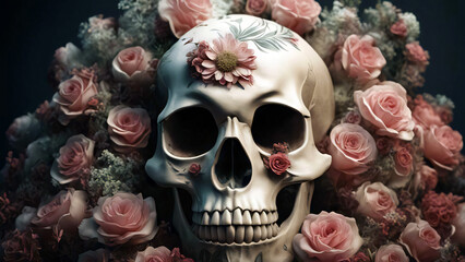 Naklejka premium Skull with flowers and colorful style for t-shirt design. Colorful Mexican skull for Day of the Dead. Skull made entirely of vibrant roses and leaves, with petals forming the contours of the face