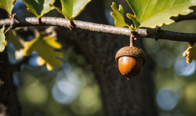 A brown acorn hangs from a tree branch on a sunny day