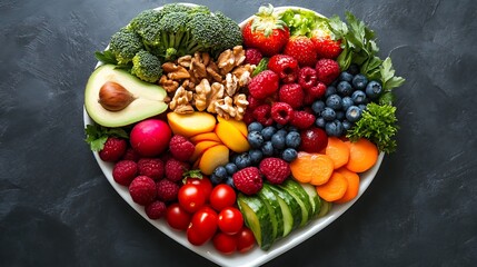 A heart-shaped plate filled with fresh, colorful fruits and vegetables, including strawberries, raspberries, blueberries, avocado, broccoli, walnuts, tomatoes, carrots, cucumbers, and peaches.