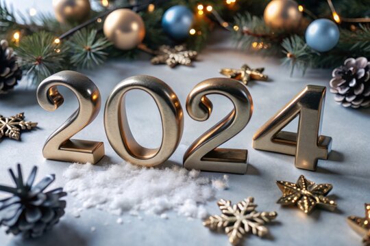 Reflecting joy and hope for the New Year, 2024, with festive decorations, shimmering ornaments, and a snowy backdrop celebrating the arrival of fresh beginnings and possibilities. Generative AI