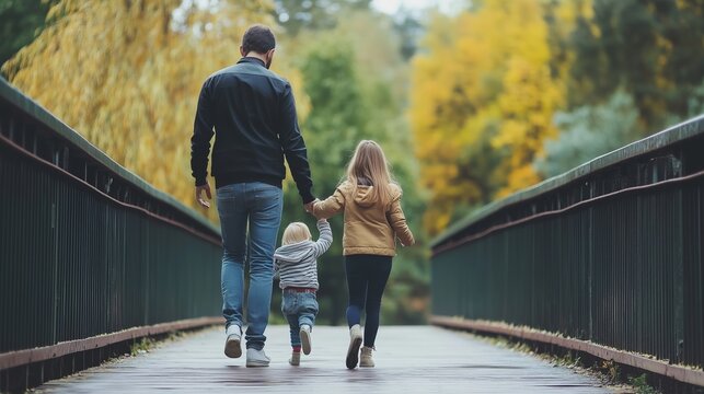 A father walks hand in hand with his children across a bridge surrounded by vibrant autumn trees in a peaceful park