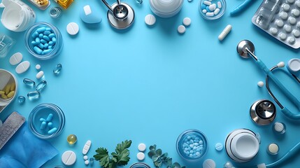 Top view with copy space of medical equipment, stethoscope, syringes, pills, and scissors on edge on light blue banner background design 