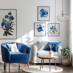White sofa and blue armchair in living room with posters on the wall