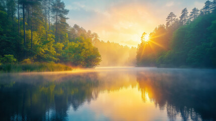 A serene lake at dawn with mist rising, surrounded by dense pine forests