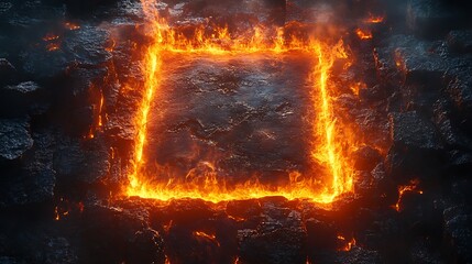 A bright, fiery frame of orange flames forms a glowing square against a dark, textured background. The intense fire contrasts the dark tiles, creating a dramatic, high-energy visual. 