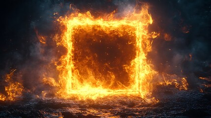 A bright, fiery frame of orange flames forms a glowing square against a dark, textured background. The intense fire contrasts the dark tiles, creating a dramatic, high-energy visual. 
