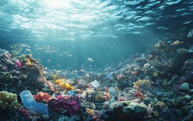 A vibrant coral reef teeming with marine life, but marred by plastic pollution. The sun's rays pierce through the water, illuminating the colorful coral and fish 