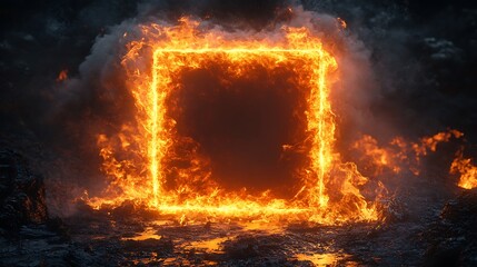 A bright, fiery frame of orange flames forms a glowing square against a dark, textured background. The intense fire contrasts the dark tiles, creating a dramatic, high-energy visual. 