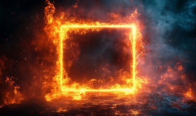 A bright, fiery frame of orange flames forms a glowing square against a dark, textured background. The intense fire contrasts the dark tiles, creating a dramatic, high-energy visual. 