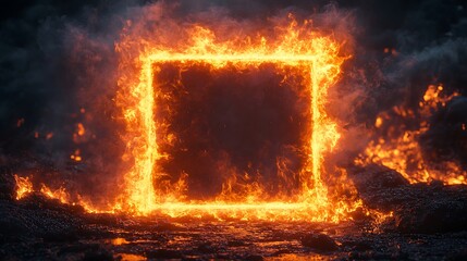 A bright, fiery frame of orange flames forms a glowing square against a dark, textured background. The intense fire contrasts the dark tiles, creating a dramatic, high-energy visual. 