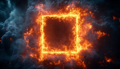 A bright, fiery frame of orange flames forms a glowing square against a dark, textured background. The intense fire contrasts the dark tiles, creating a dramatic, high-energy visual. 