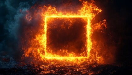 A bright, fiery frame of orange flames forms a glowing square against a dark, textured background. The intense fire contrasts the dark tiles, creating a dramatic, high-energy visual. 