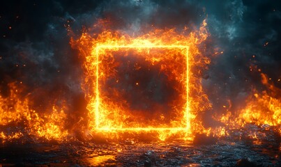 A bright, fiery frame of orange flames forms a glowing square against a dark, textured background. The intense fire contrasts the dark tiles, creating a dramatic, high-energy visual. 