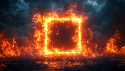 A bright, fiery frame of orange flames forms a glowing square against a dark, textured background. The intense fire contrasts the dark tiles, creating a dramatic, high-energy visual. 