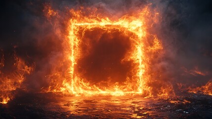 A bright, fiery frame of orange flames forms a glowing square against a dark, textured background. The intense fire contrasts the dark tiles, creating a dramatic, high-energy visual. 