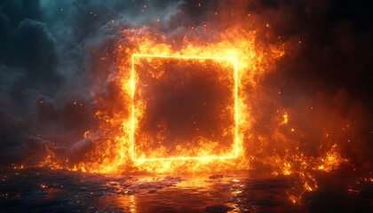 A bright, fiery frame of orange flames forms a glowing square against a dark, textured background. The intense fire contrasts the dark tiles, creating a dramatic, high-energy visual. 