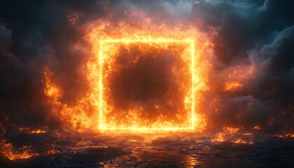 A bright, fiery frame of orange flames forms a glowing square against a dark, textured background. The intense fire contrasts the dark tiles, creating a dramatic, high-energy visual. 
