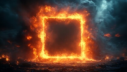 A bright, fiery frame of orange flames forms a glowing square against a dark, textured background. The intense fire contrasts the dark tiles, creating a dramatic, high-energy visual. 