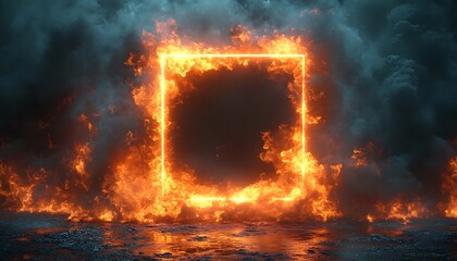 A bright, fiery frame of orange flames forms a glowing square against a dark, textured background. The intense fire contrasts the dark tiles, creating a dramatic, high-energy visual. 
