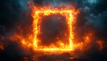 A bright, fiery frame of orange flames forms a glowing square against a dark, textured background. The intense fire contrasts the dark tiles, creating a dramatic, high-energy visual. 