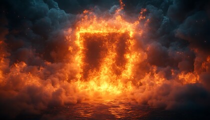 A bright, fiery frame of orange flames forms a glowing square against a dark, textured background. The intense fire contrasts the dark tiles, creating a dramatic, high-energy visual. 