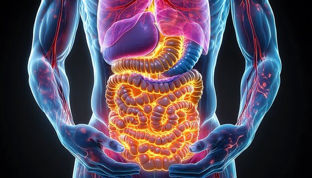  Anatomy of the human body with digestive system. 3d illustration design