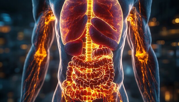  Anatomy of the human body with digestive system. 3d illustration design