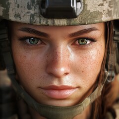 Determined young woman or girl wearing military gear and helmet face avatar close up portrait