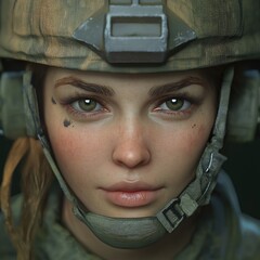 Determined young woman or girl wearing military gear and helmet face avatar close up portrait