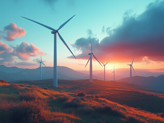 Paysage avec éoliennes, Symbole de l'énergie renouvelable et du réchauffement climatique et de la transition énergétique