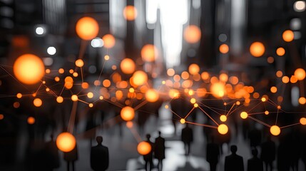 Fototapeta premium Abstract Network of Silhouettes and Orange Lights in a City