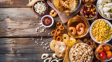 Fototapeta premium Variety of Snacks on Wooden Background.