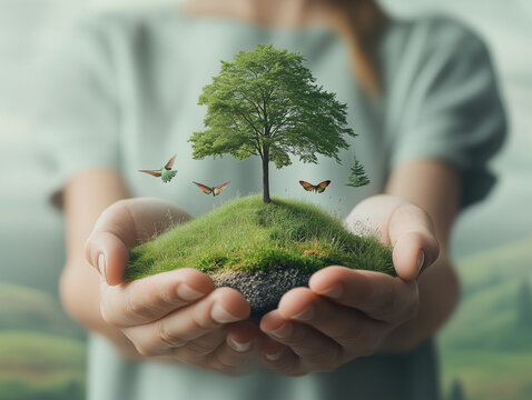Arbre sur une colline miniature dans les mains, Pr&eacute;servation de la biodiversit&eacute; et de la nature, Empreinte &eacute;cologique positive, conservation de la nature &agrave; petite &eacute;chelle