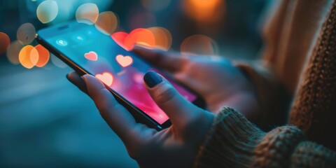 hand holding a smartphone with a social media app open, notifications buzzing with heart or love signs.