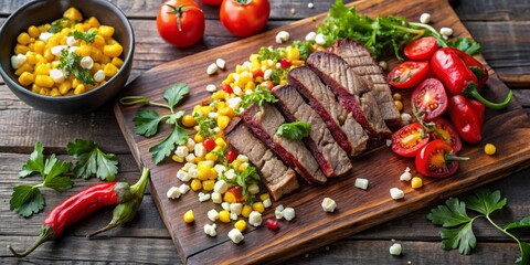 Fototapeta premium beef and corn salad ingredients, including sliced grilled beef, corn kernels, diced red bell pepper